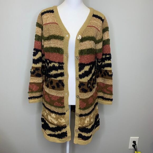 Susan Bristol Women Cardigan Cotton Blend Animal Print Colorful Sweater Petite S - Picture 1 of 13